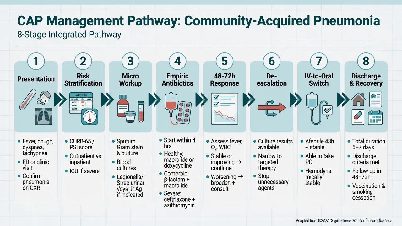 Eight-stage integrated CAP management pathway from presentation through risk stratification, micro workup, empiric antibiotics, response, de-escalation, IV-to-oral switch, and recovery