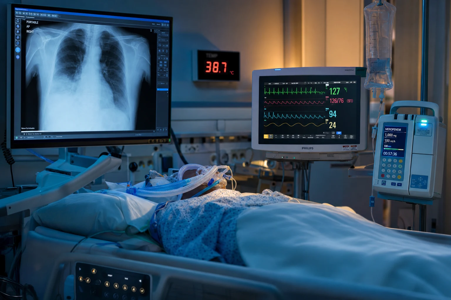 ICU scene of a ventilated patient with a chest X-ray showing a new infiltrate, a central-line dressing, an oral-care tray with chlorhexidine, and a head-of-bed angle gauge at 30 degrees, clinical-blue lighting