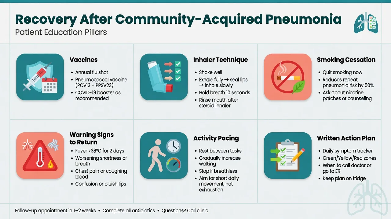 Six patient-education pillars after CAP: vaccines, inhaler technique, smoking cessation, warning signs, activity pacing, and written action plan