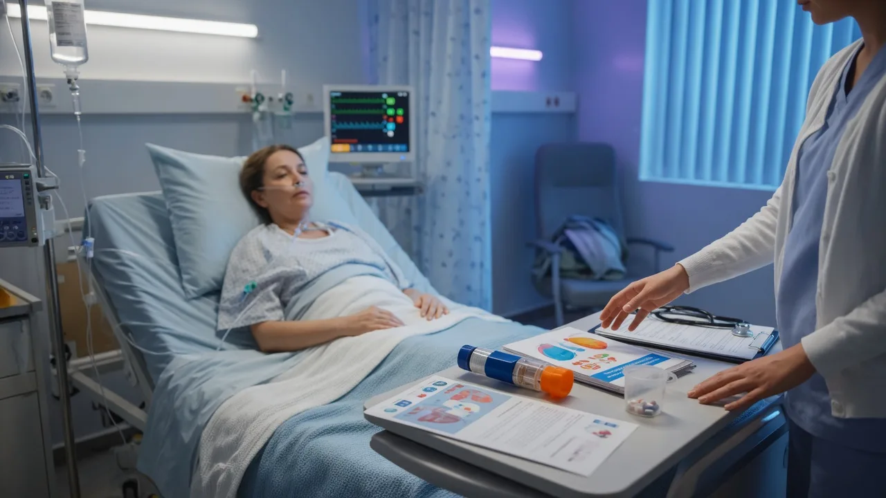 Cinematic ICU scene of a nurse teaching a recovering pneumonia patient and family at the bedside with an inhaler and a spacer on the over-bed table, clinical-blue lighting, medical educational, no faces, no text