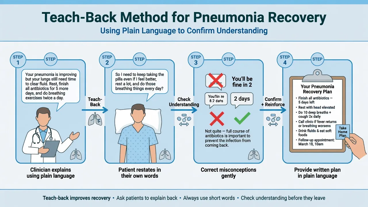 Teach-back method flowchart: clinician explains in plain language, patient restates, misconceptions corrected, written recovery plan provided