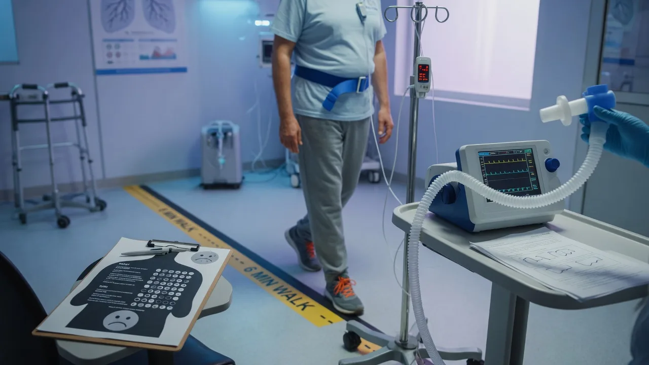 Cinematic ICU scene of an ICU survivor at a pulmonary-rehabilitation review with a six-minute walk test chart and a mood-screening questionnaire, clinical-blue lighting, medical educational, no faces, no text