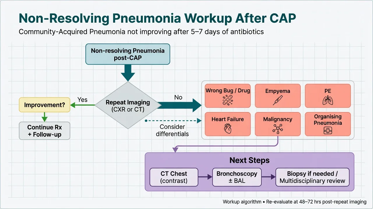 Non-resolving pneumonia workup flowchart after CAP: repeat imaging, differential of wrong bug/drug, empyema, PE, heart failure, malignancy, organising pneumonia, then CT and bronchoscopy