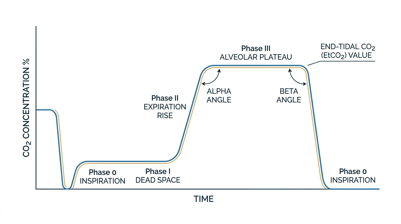 Scientific diagram of a single-breath capnogram plotting CO2 concentration on the y-axis against time (or expired volume) on the x-axis, labelling phase 0 (inspiratory baseline at zero), phase I (dead-space expiration, flat at zero), phase II (rapid alveolar upstroke), phase III (alveolar plateau ending in the end-tidal value), the alpha angle between phases II and III, and the beta angle at the inspiratory downstroke