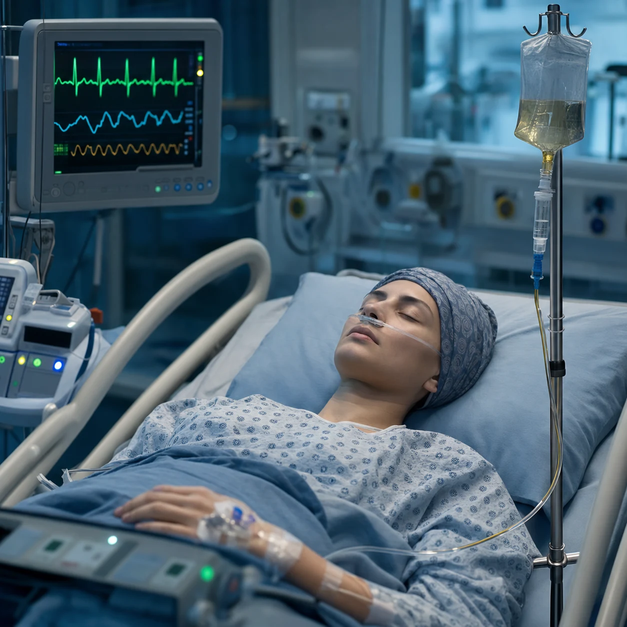 Cinematic ICU scene of a patient post CAR-T cell therapy, a tocilizumab infusion running, a cardiac monitor, clinical-blue lighting, a serious mood