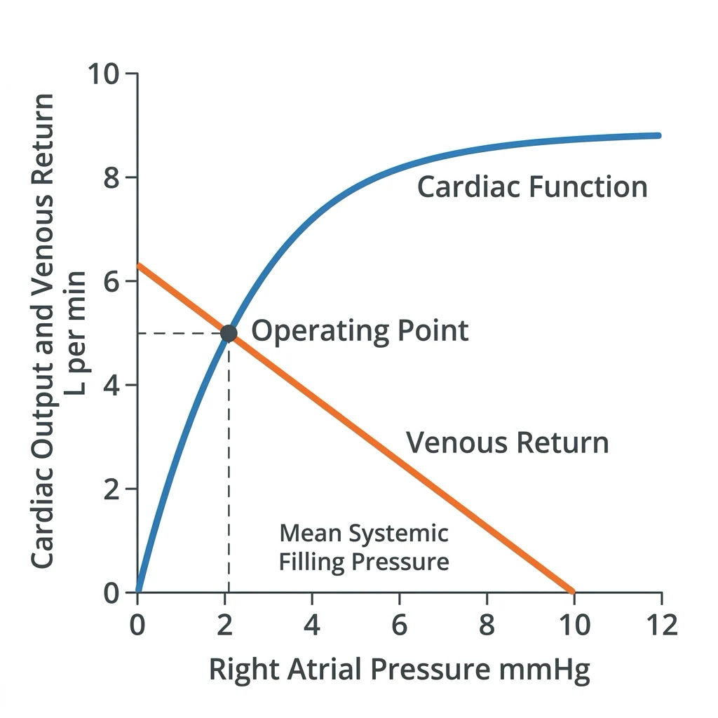 Guyton cardiac function and venous return curves intersecting