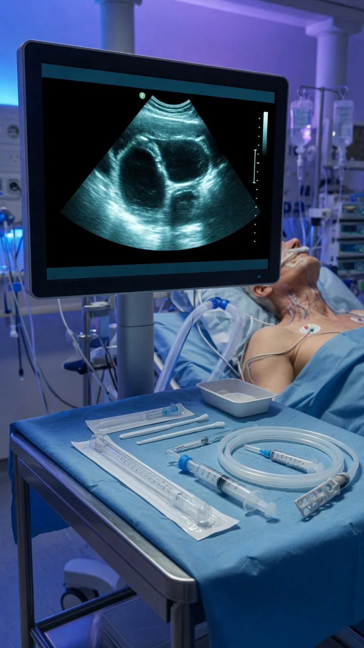 Cinematic ICU scene of a focused echocardiogram on the screen showing a circumferential pericardial effusion with right atrial collapse, a pericardiocentesis needle and pigtail drain on the trolley, raised JVP, clinical-blue lighting, no faces, no text
