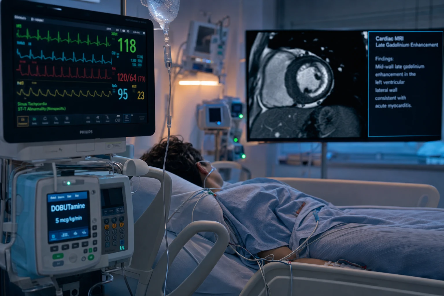Cinematic ICU scene of a young patient with acute myocarditis, a cardiac MRI on screen showing mid-wall late gadolinium enhancement, a monitor showing sinus tachycardia with non-specific ST changes, IV heart-failure therapy, clinical-blue lighting