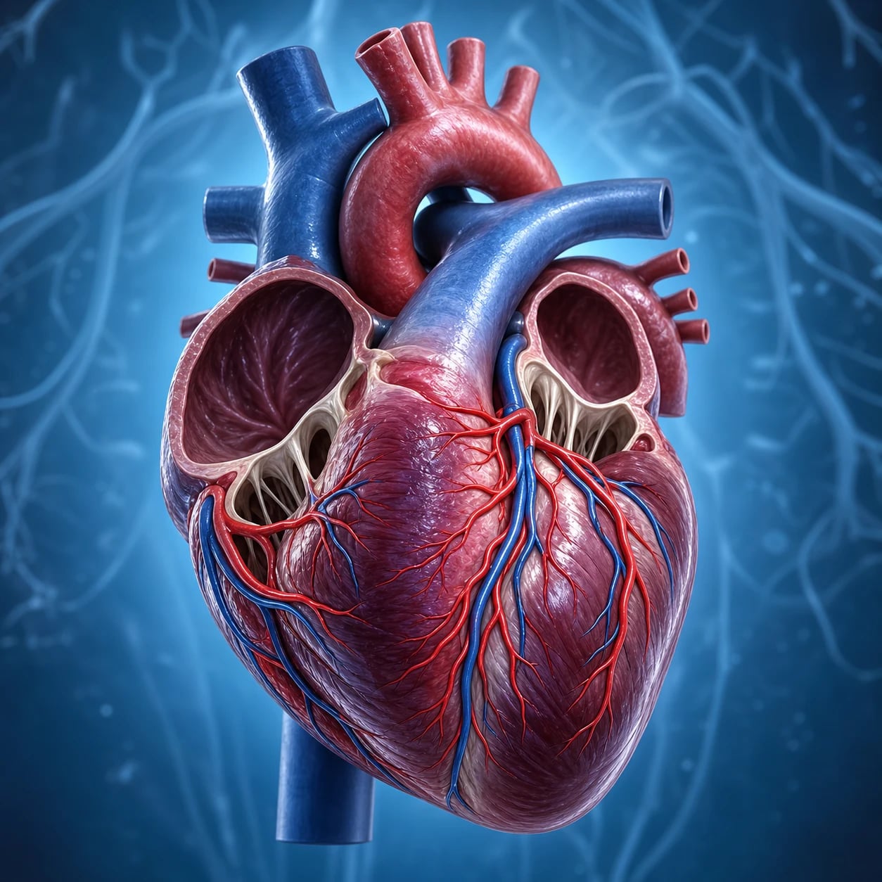 Cinematic anatomical illustration of the human heart with coronary arteries LAD, circumflex and RCA highlighted, four chambers and great vessels, clinical-blue lighting, medical educational, no text, no people