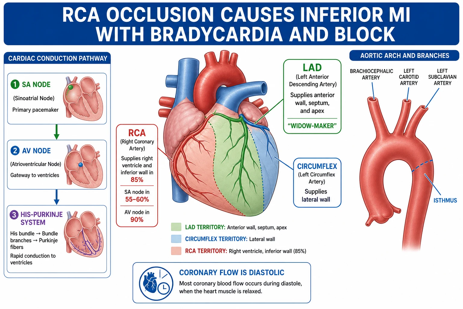 Medical infographic on white clinical-blue, flat vector, crisp typography. Coronary territories: LAD anterior wall, septum and apex (widow-maker); circumflex lateral wall; RCA right ventricle and inferior wall in 85 percent plus SA node 55-60 and AV node 90. Conduction SA to AV to His-Purkinje. Aortic arch branches brachiocephalic, left carotid, left subclavian plus isthmus. Guyton: cardiac-function curve and vascular-function curve intersect at the operating point. Note coronary flow is diastolic. Banner reads 'RCA occlusion causes inferior MI with bradycardia and block; venous return determines cardiac output'.