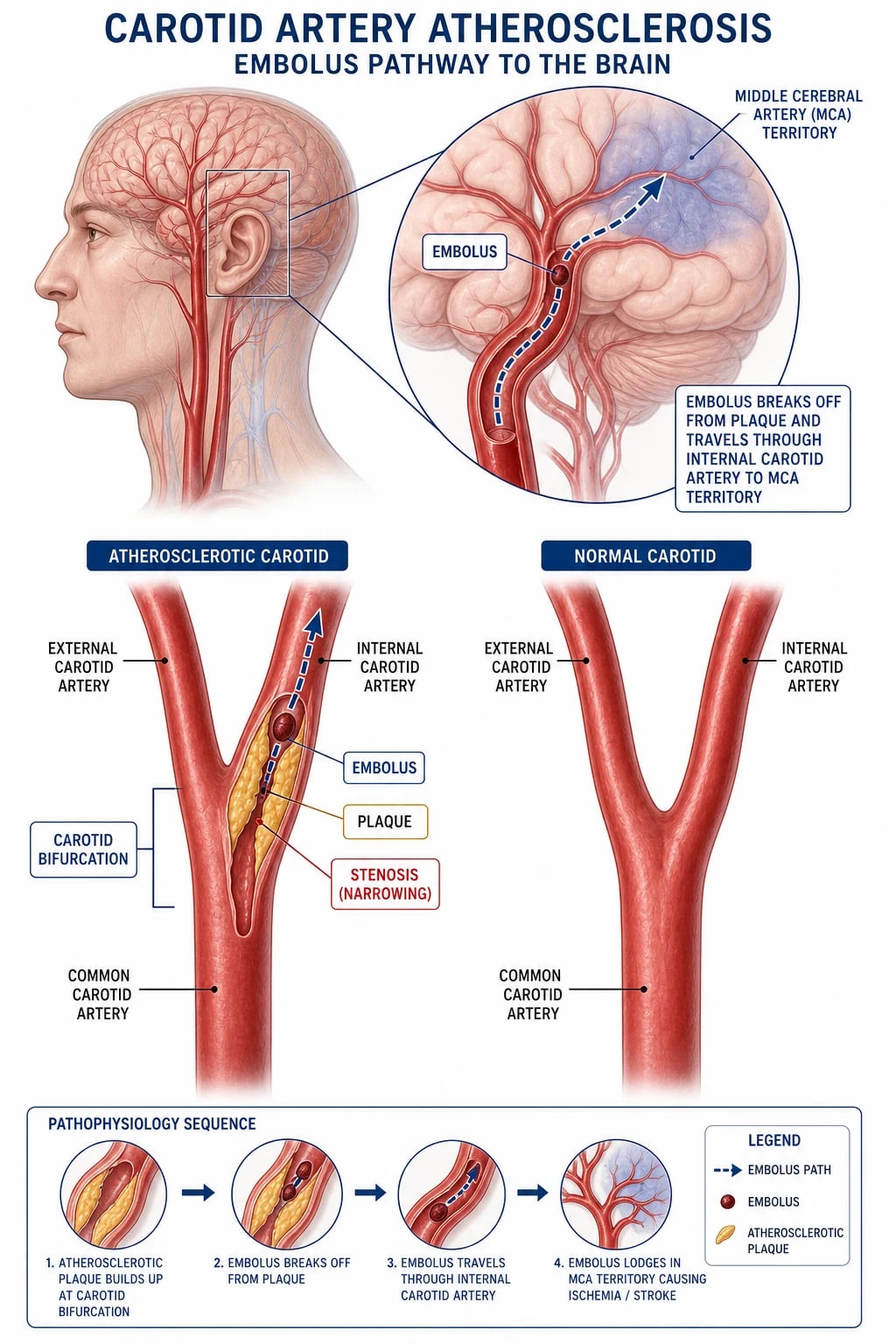 Carotid bifurcation atherosclerosis with embolus travelling to the brain.