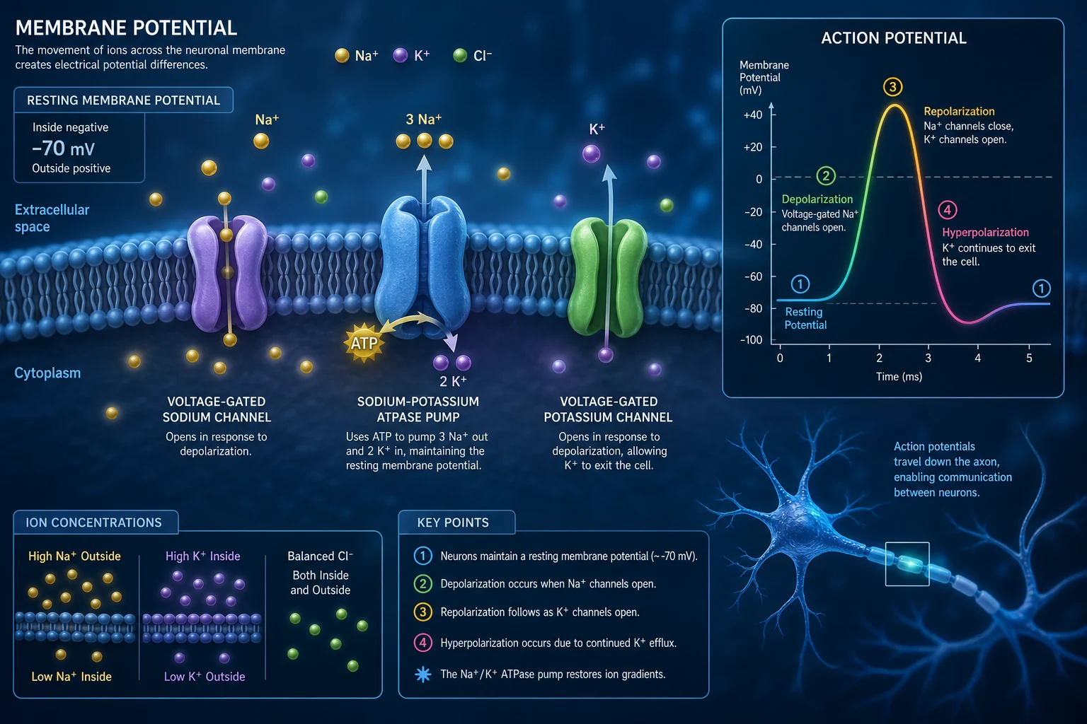 Cell membrane ion gradients and resting membrane potential illustration for ICU physiology