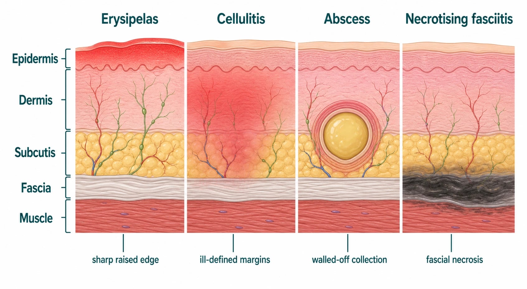 Diagram contrasting erysipelas, cellulitis, abscess and necrotising fasciitis by depth and key clinical features