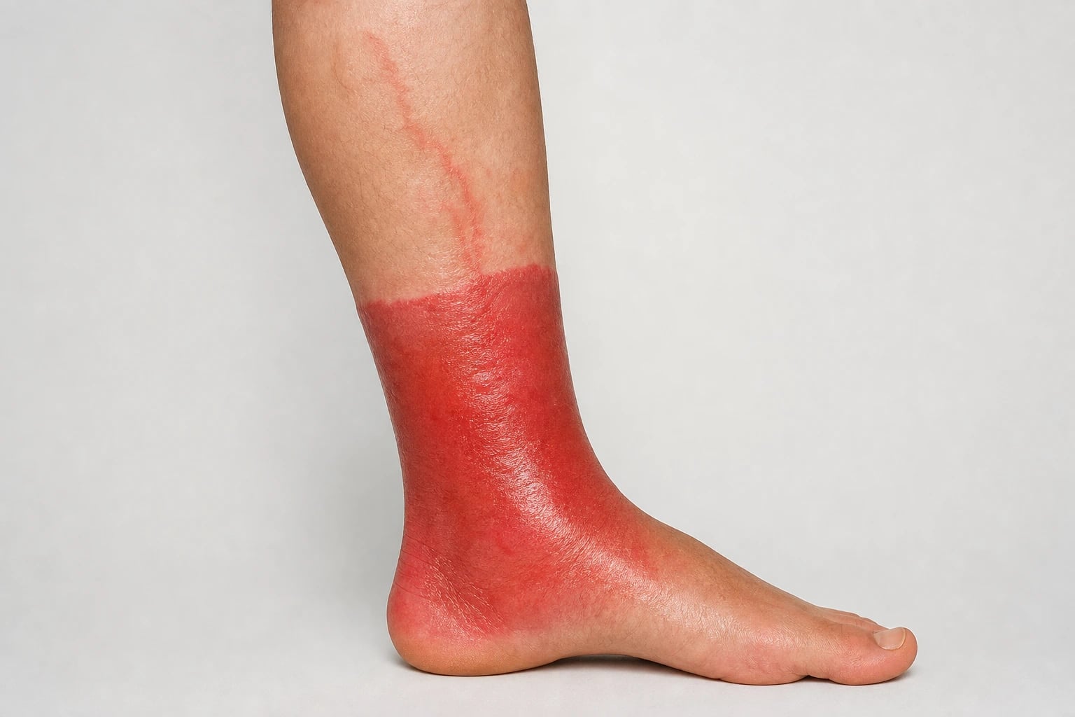 Erythematous, swollen, sharply demarcated plaque on the lower leg with a raised advancing edge characteristic of erysipelas
