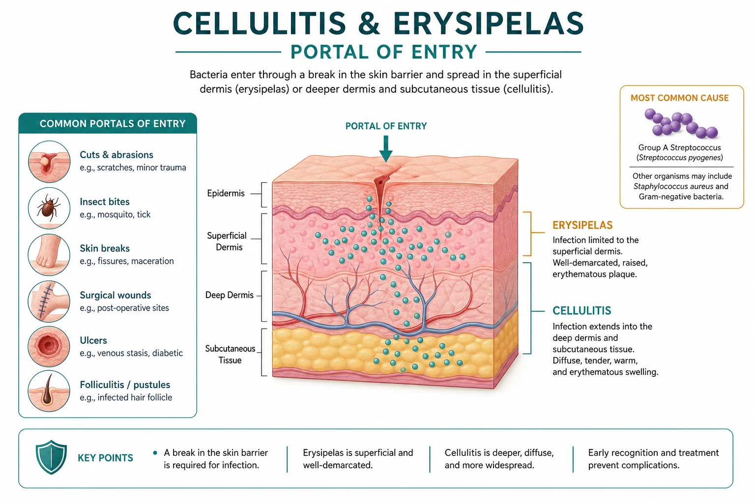 Diagram showing the commonest portals of entry: tinea pedis between toes, interdigital fissure, chronic venous ulcer, eczema crack, leg trauma, IV cannula, surgical wound, and the resulting ascending bacterial infection producing cellulitis or erysipelas