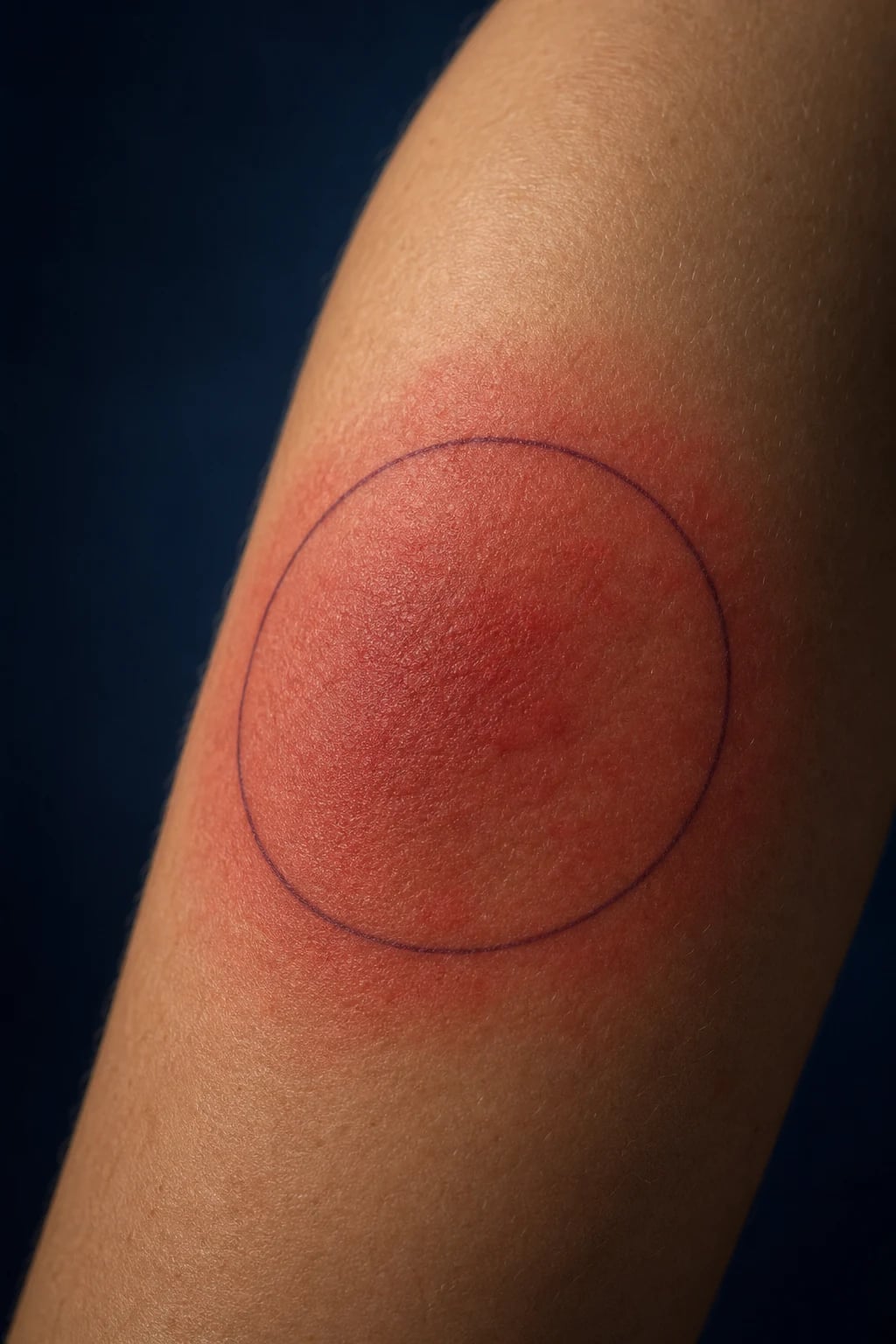 Cinematic 3D close-up of a patch of skin with spreading redness, warmth, swelling and poorly defined margins, a ring drawn around it, against a deep navy background