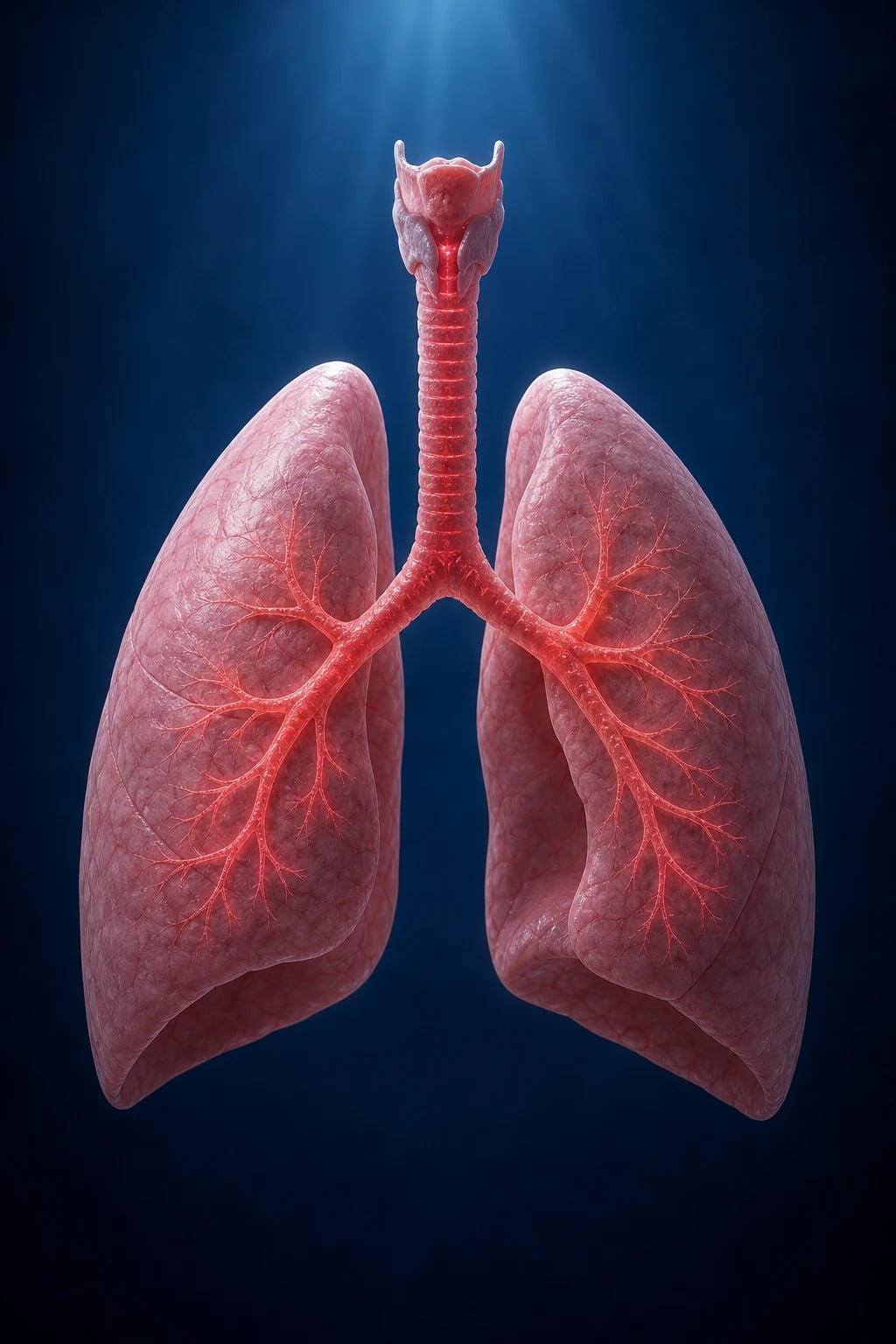Cinematic 3D anatomical illustration of irritated, hypersensitive airways with glowing red vagal nerve endings, representing cough-reflex hypersensitivity