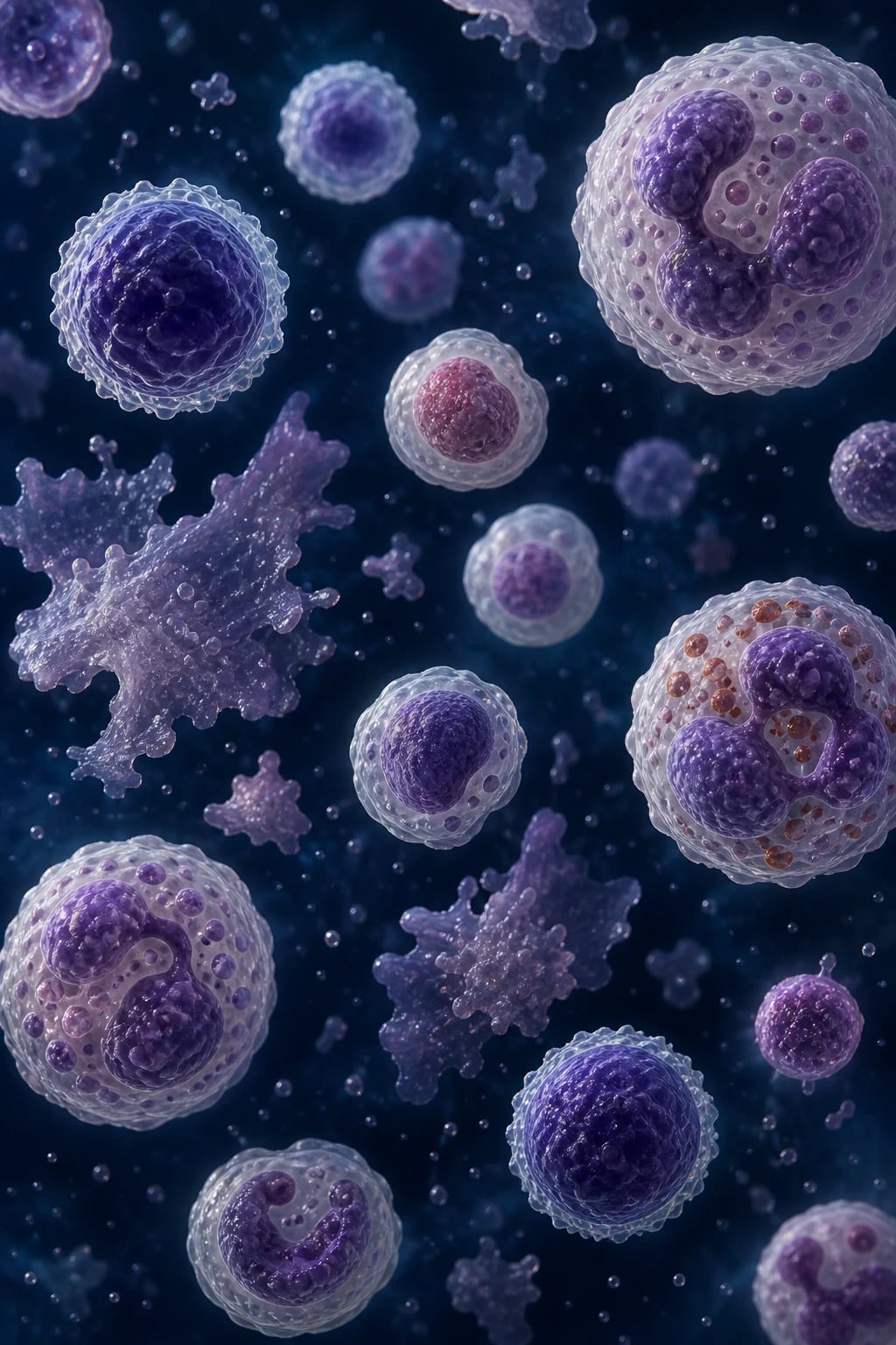 Cinematic hero image contrasting CLL (small mature lymphocytes, smudge cells) with CML (granulocytic left-shift, Philadelphia chromosome) under a microscope with a DNA helix and BCR-ABL fusion gene glow