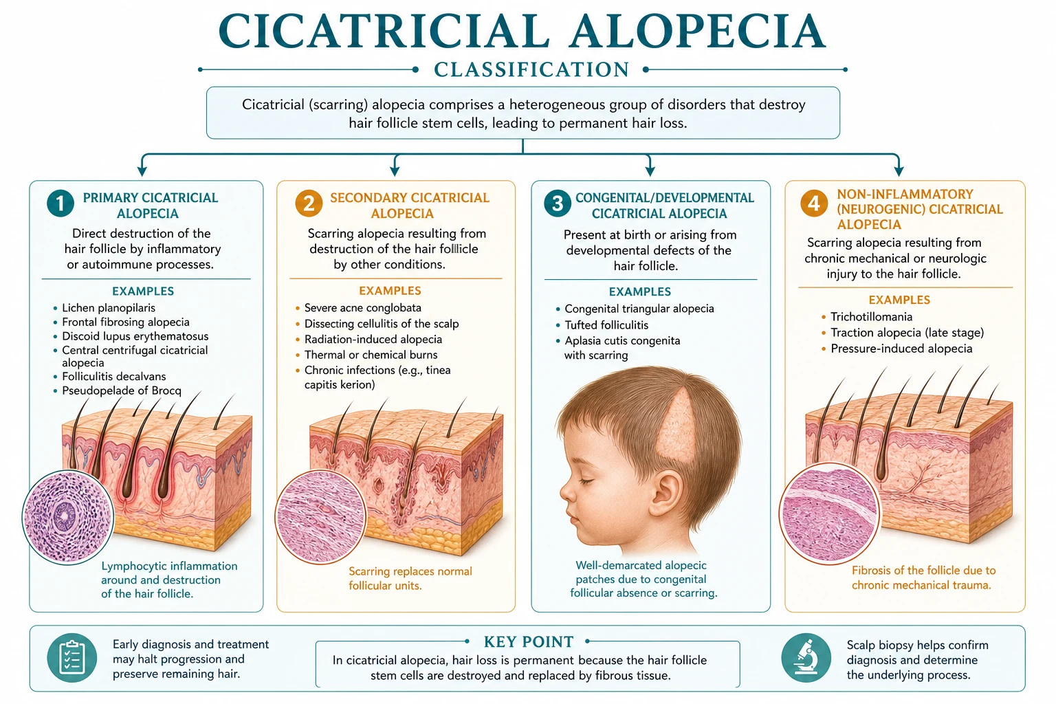Classification tree: primary cicatricial alopecia divided into lymphocytic, neutrophilic and mixed groups, with examples of each; secondary cicatricial alopecia listed as burns, radiation, infection and tumours.