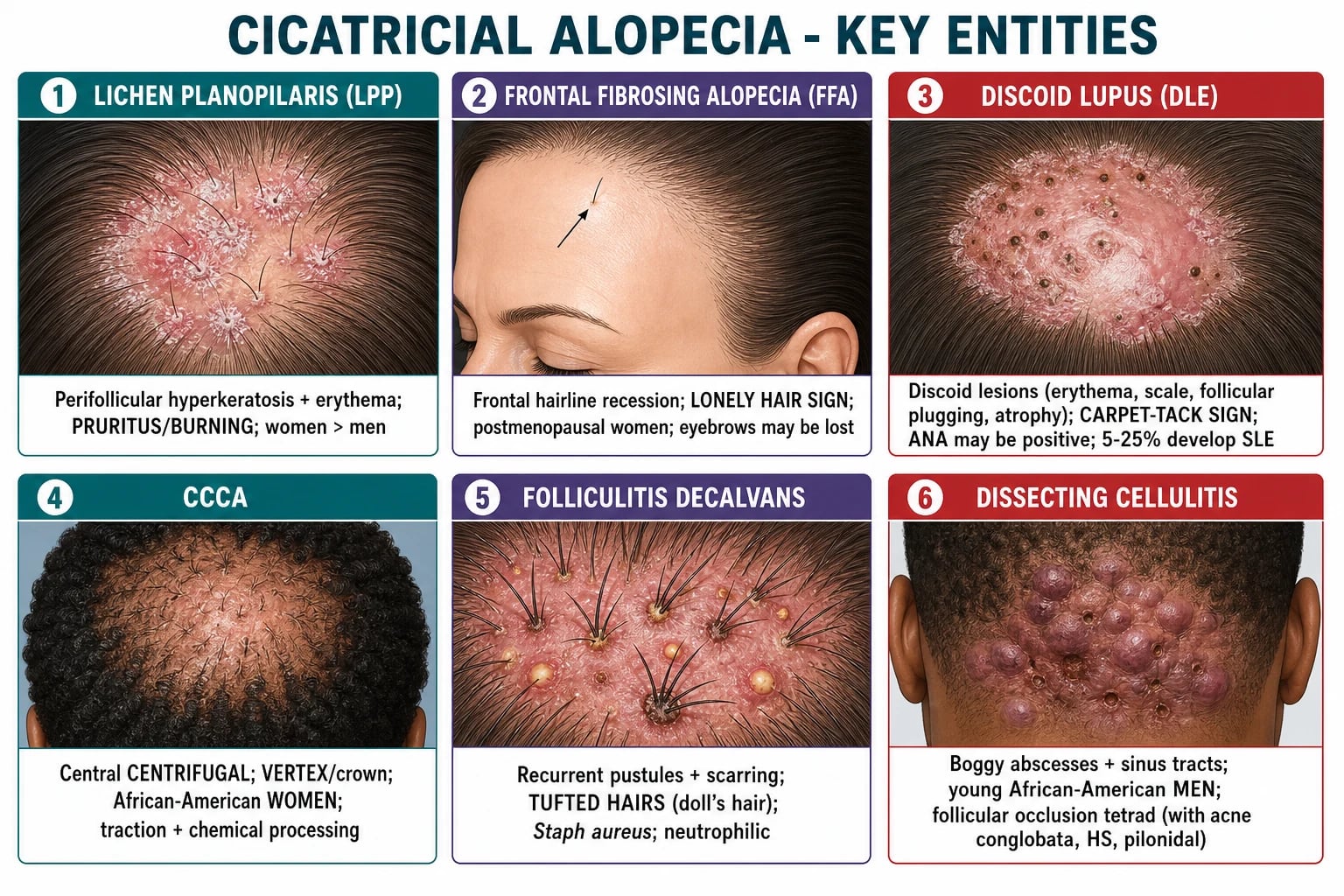 Six-panel grid comparing LPP perifollicular scale, FFA frontal recession with lonely hair, DLE discoid plaques, CCCA vertex loss, folliculitis decalvans tufted hairs, and dissecting cellulitis abscesses.
