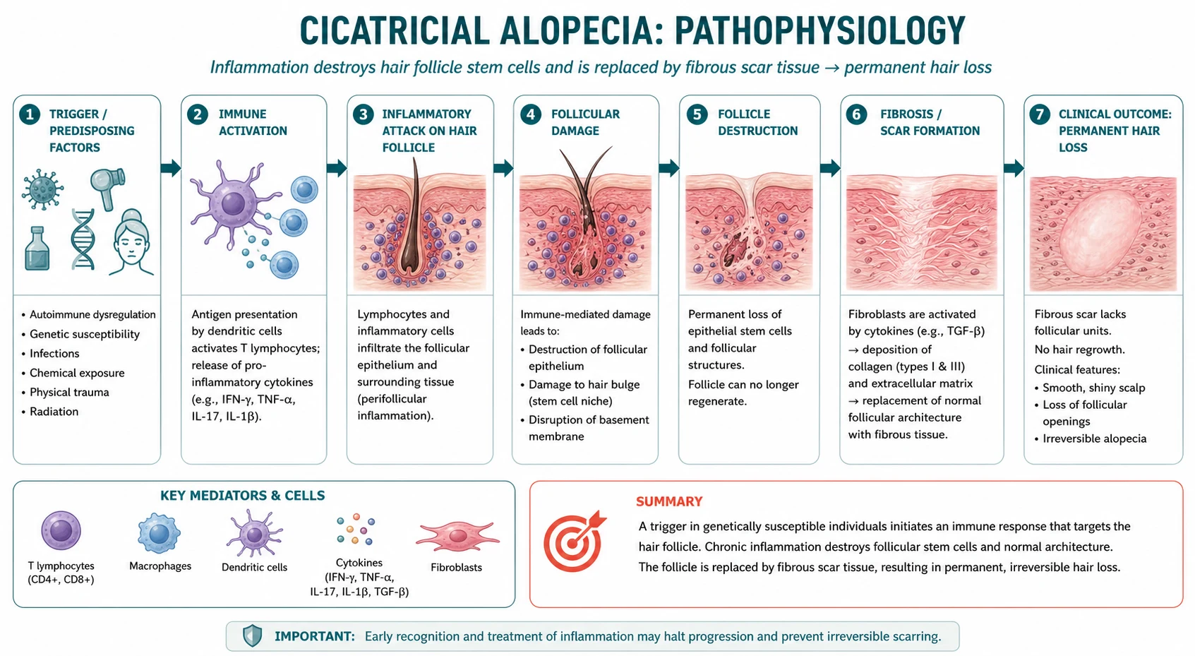 Diagram showing the upper follicle isthmus and bulge region under attack by lymphocytes or neutrophils, leading to loss of stem cells, fibrous tract replacement and loss of follicular ostia.