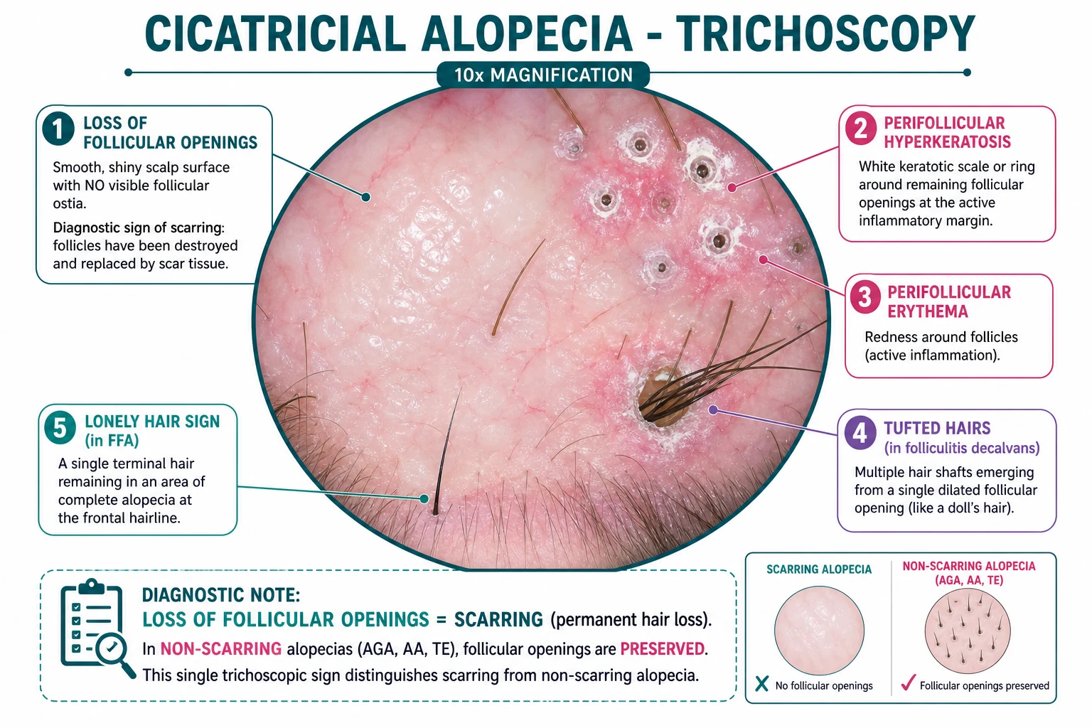 Trichoscopic collage: loss of follicular openings, perifollicular hyperkeratosis, perifollicular erythema, tufted hairs, lonely hair sign, and arborizing vessels.