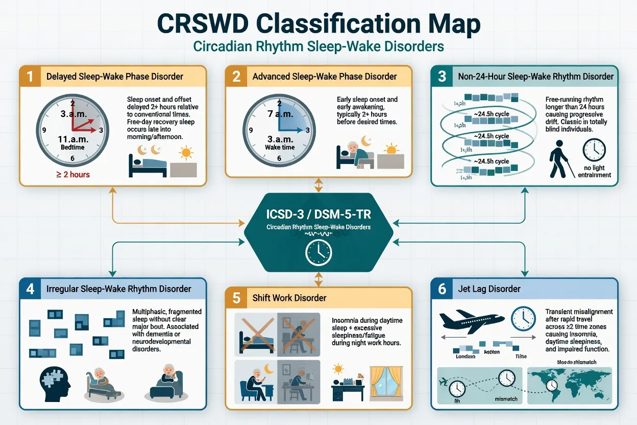 Classification map of DSWPD, ASWPD, non-24, ISWRD, shift work, and jet lag under ICSD-3 and DSM-5-TR