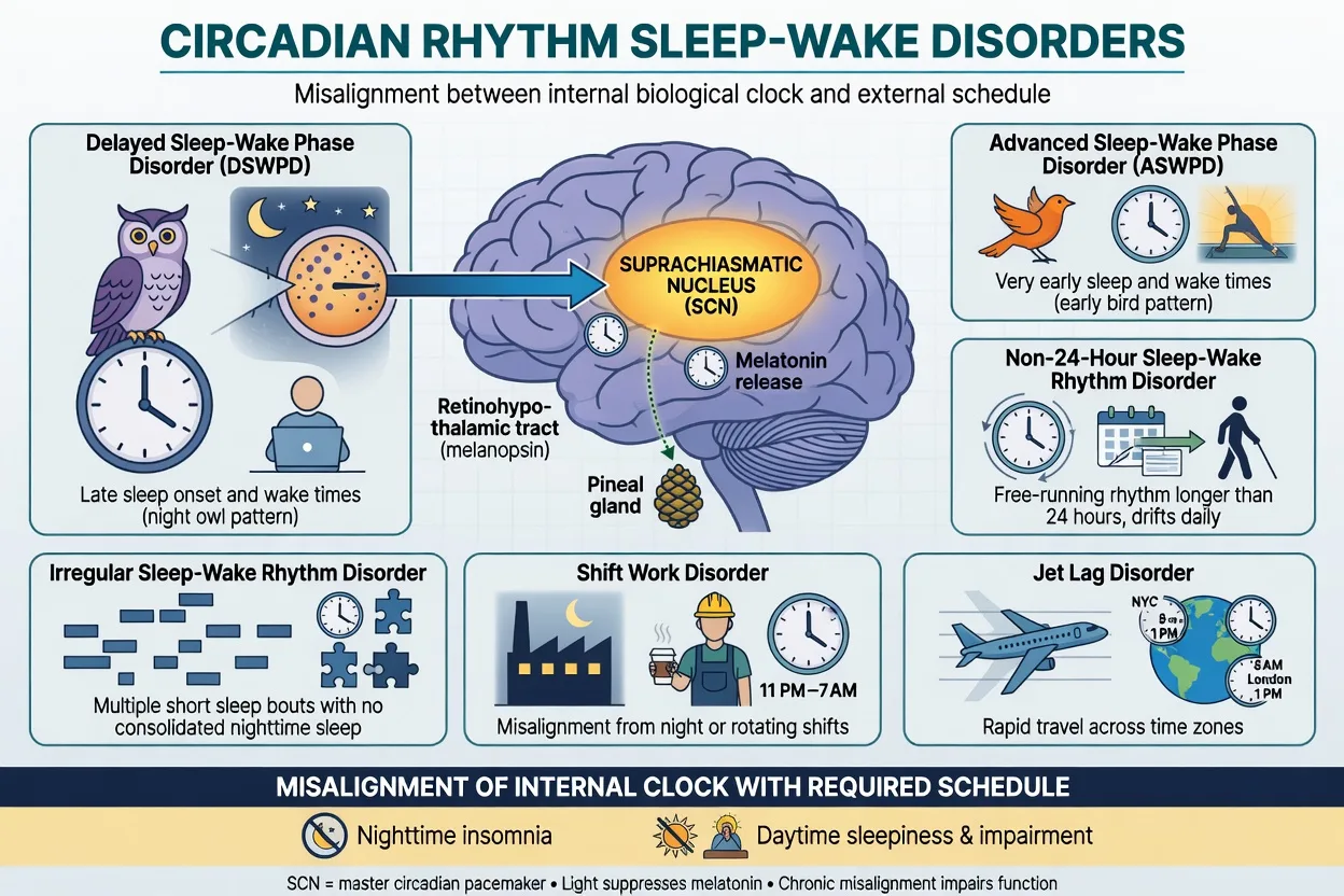 Overview of circadian rhythm sleep-wake disorders with SCN, light input, melatonin, and major clinical subtypes