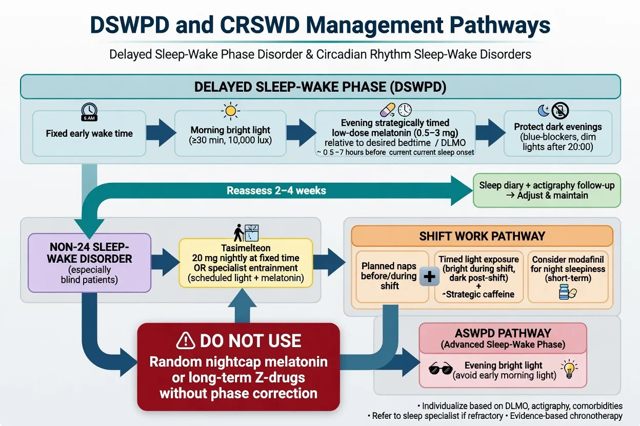 Management algorithm for DSWPD with light and melatonin timing, non-24 tasimelteon pathway, and shift-work countermeasures