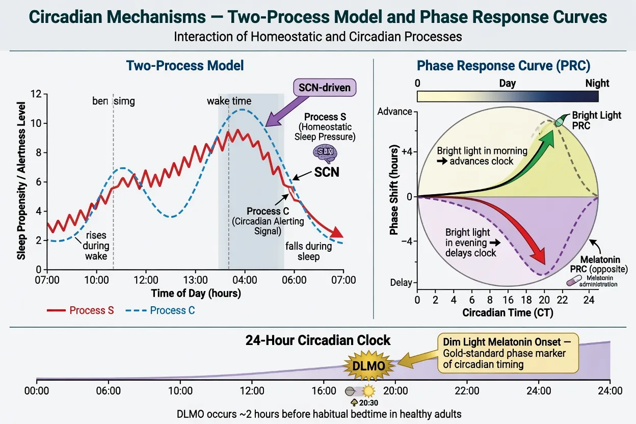 Two-process model of sleep regulation and phase response curves for light and melatonin with DLMO marker