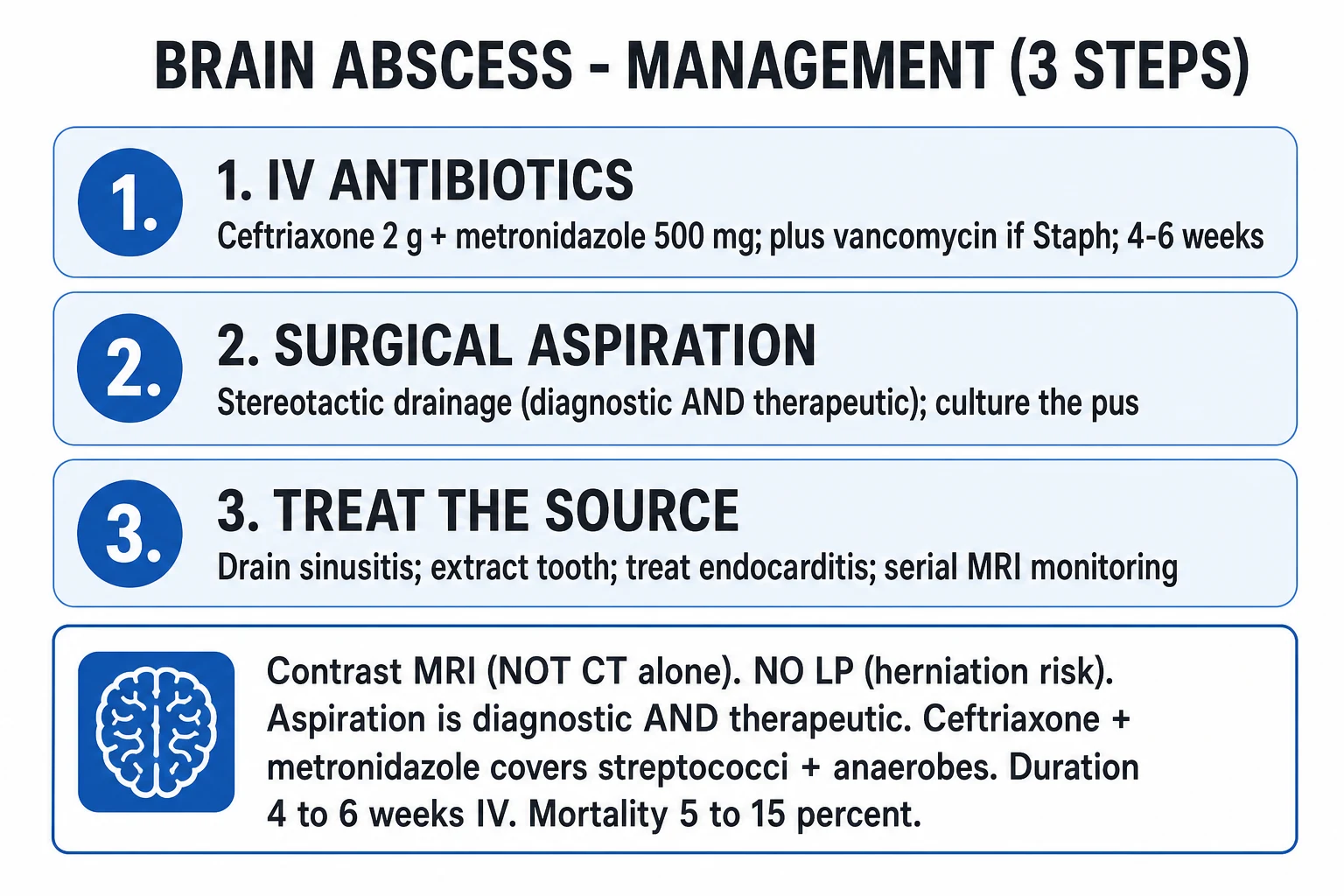 CNS infection management pathway: blood cultures, empirical ceftriaxone plus vancomycin and dexamethasone within one hour, add ampicillin for Listeria risk, add acyclovir if encephalitis, CT before LP only if focal signs or low GCS, LP CSF pattern, abscess drainage if over 2.5 cm