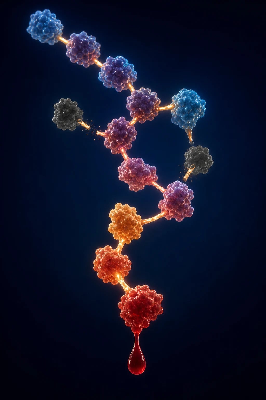 Cinematic 3D anatomical illustration of the coagulation cascade with missing factors VIII and IX highlighted, against a deep navy background