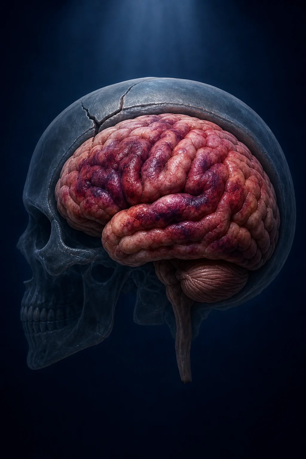 Cinematic 3D anatomical illustration of a brain with bruising, swelling and a focal haematoma from traumatic injury, against a deep navy background