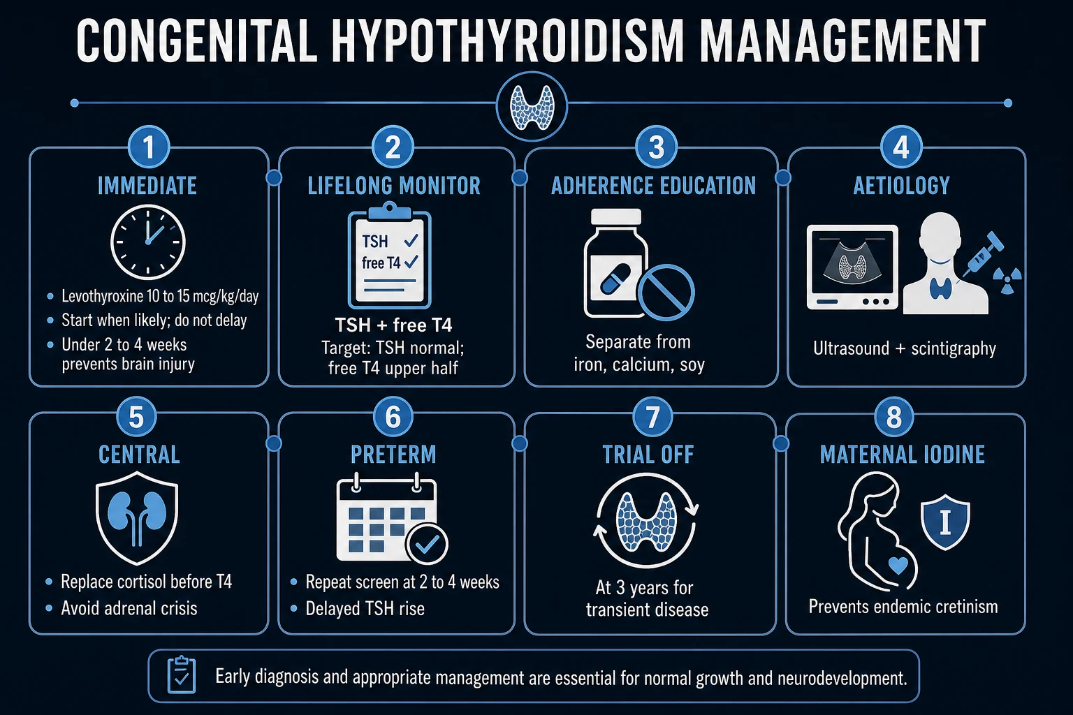 Clean management infographic: confirm venous labs, start L-T4 10-15 mcg/kg/day immediately, monitor TSH/fT4 schedule, re-evaluate permanence at age 3