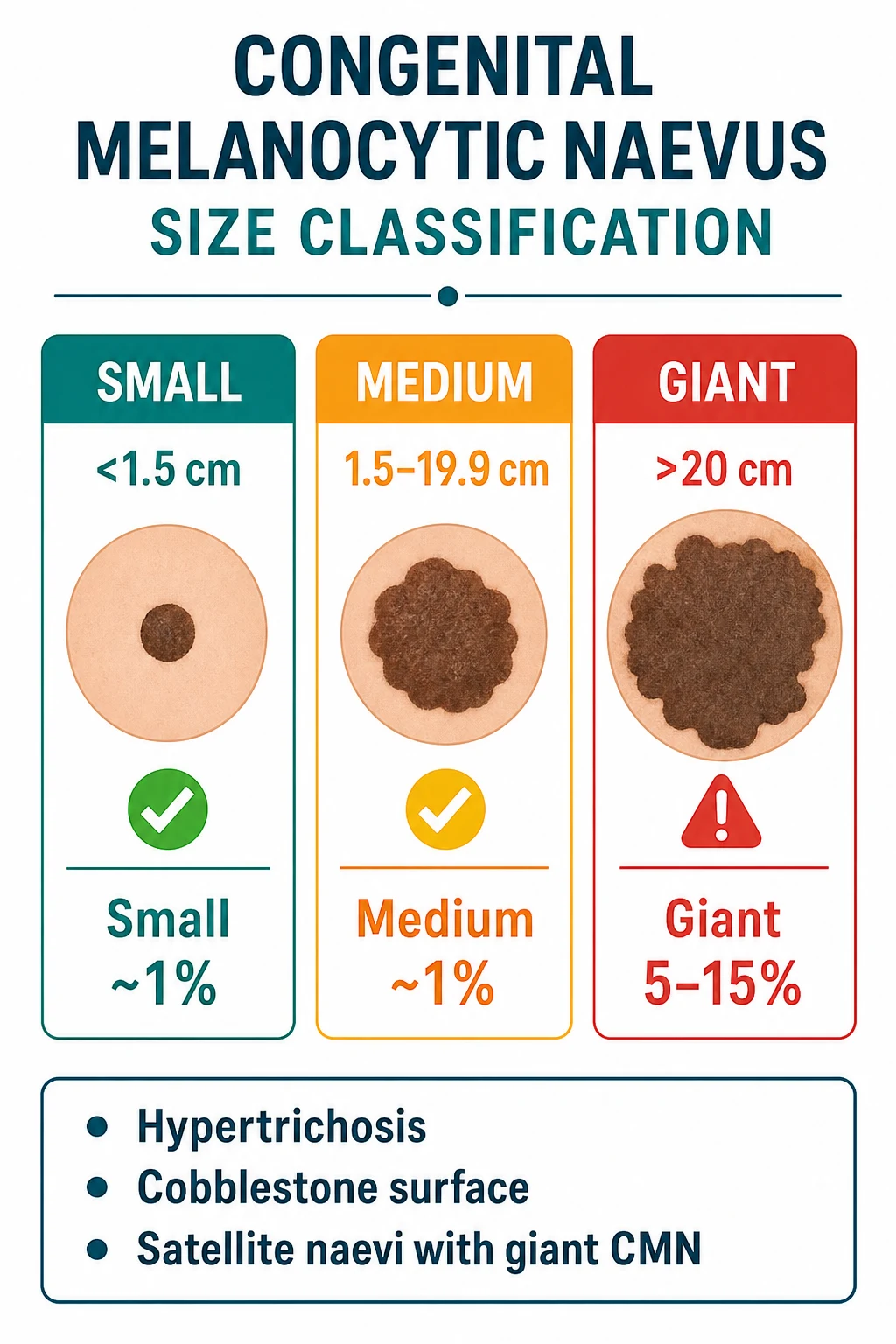 Size classification: small (less than 1.5cm), medium (1.5-19.9cm), giant (>=20cm or >=5% BSA garment/bathing trunk) with satellite naevi