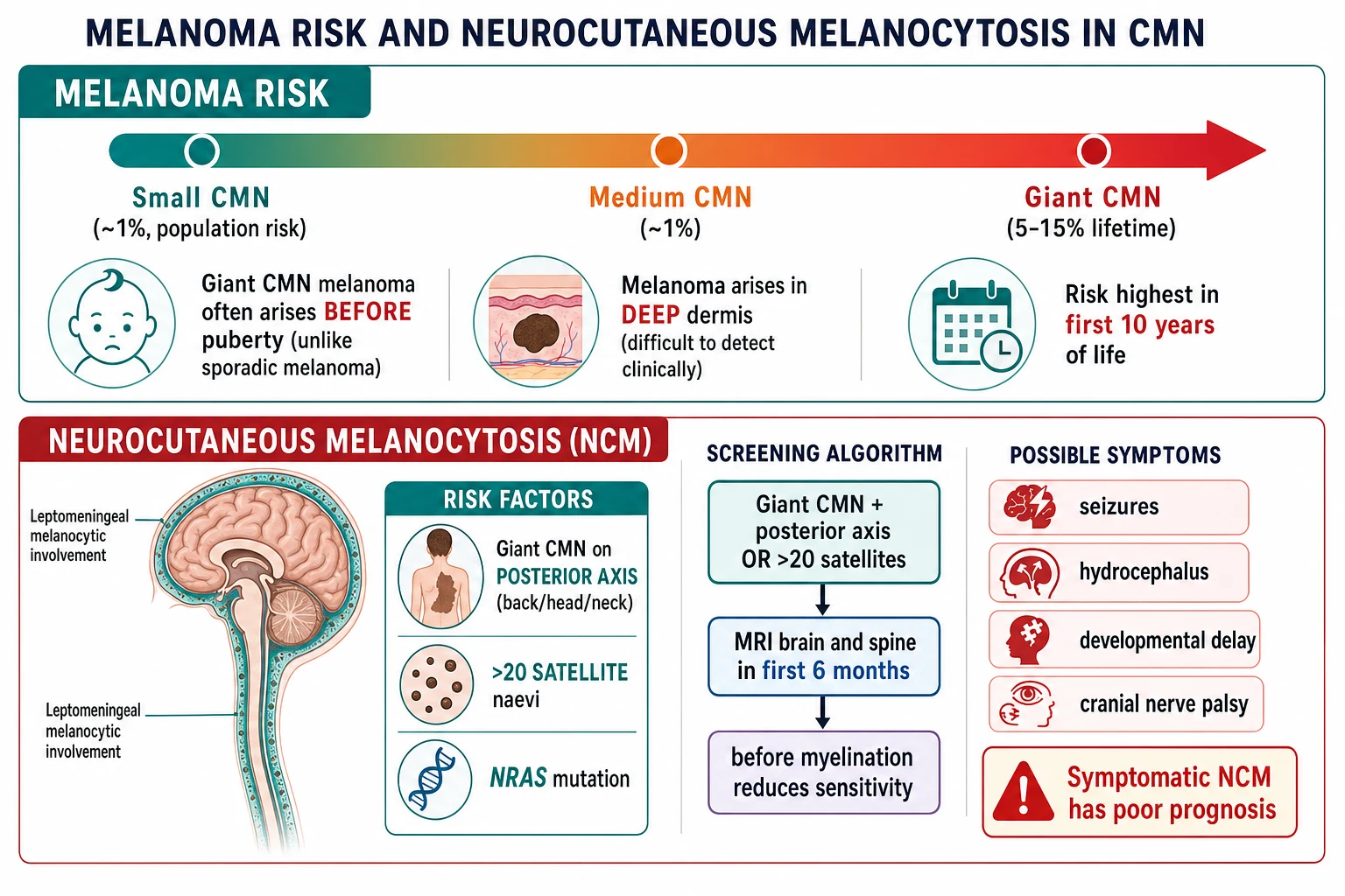 Melanoma risk gradient (small ~1% to giant 5-15%); giant CMN melanoma arises deep and pre-pubertal; NCM risk factors and MRI screening algorithm