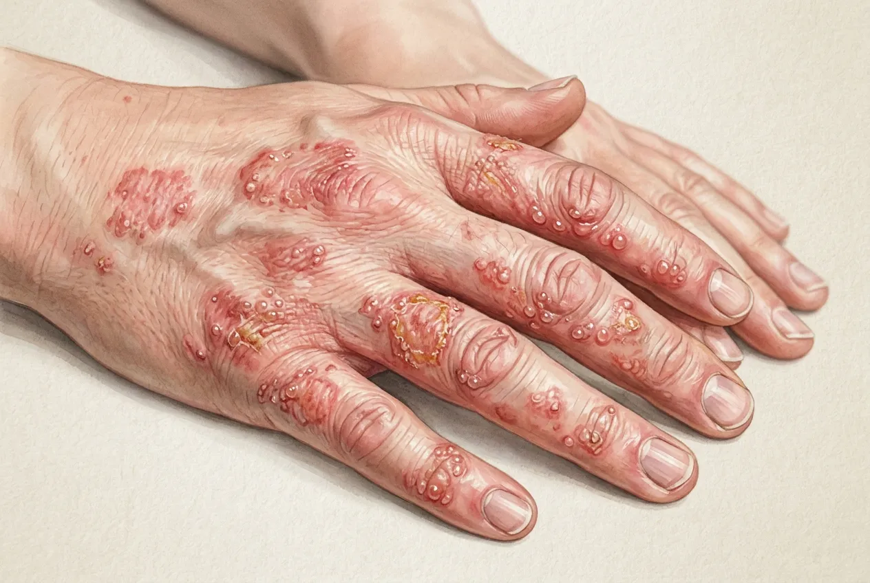 Erythematous, vesicular and scaly eczematous plaques on the dorsal hands and fingers of a patient with contact dermatitis
