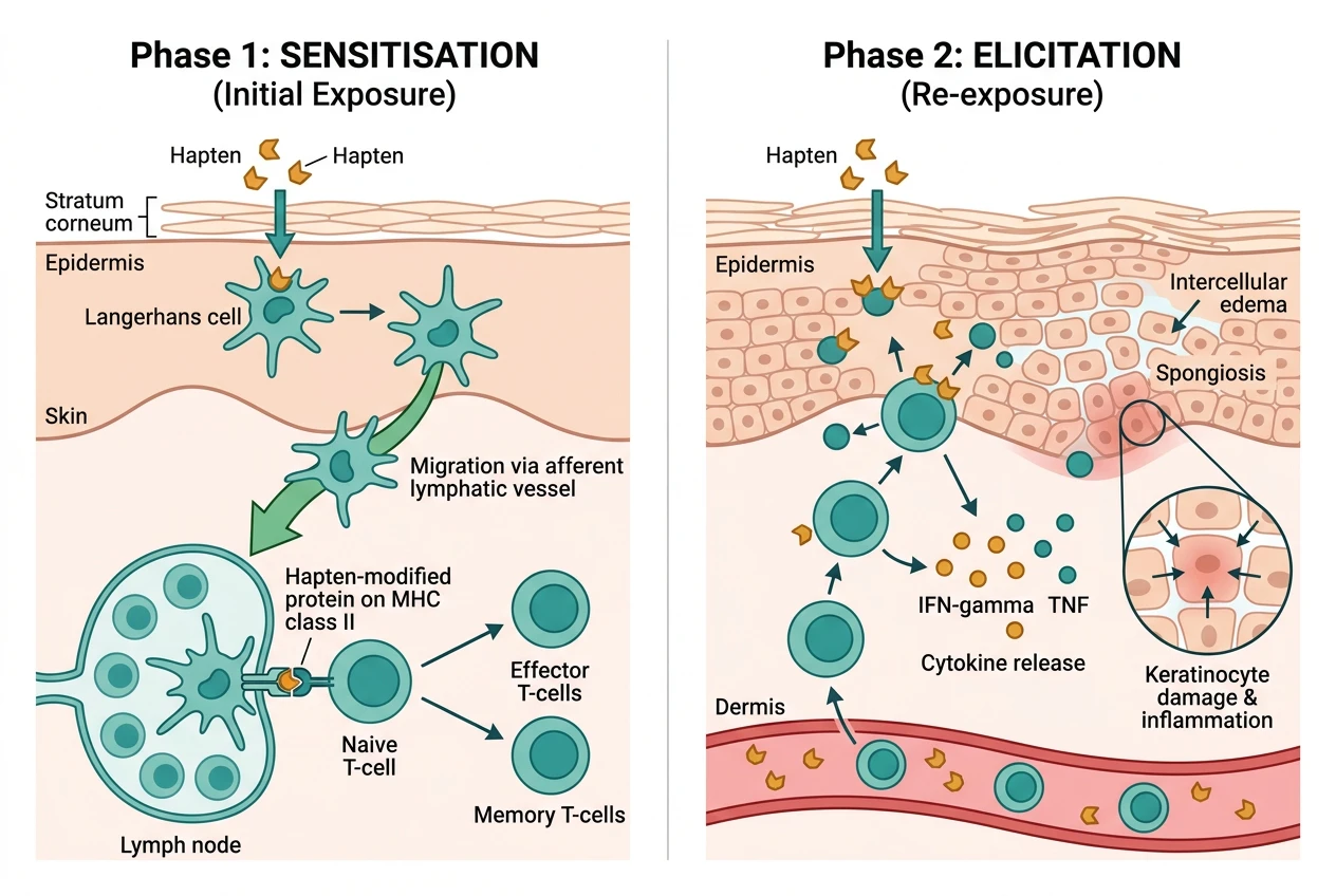 Diagram of allergic contact dermatitis pathophysiology showing hapten penetration, Langerhans cell uptake, migration to lymph node, T-cell sensitisation, and elicitation phase