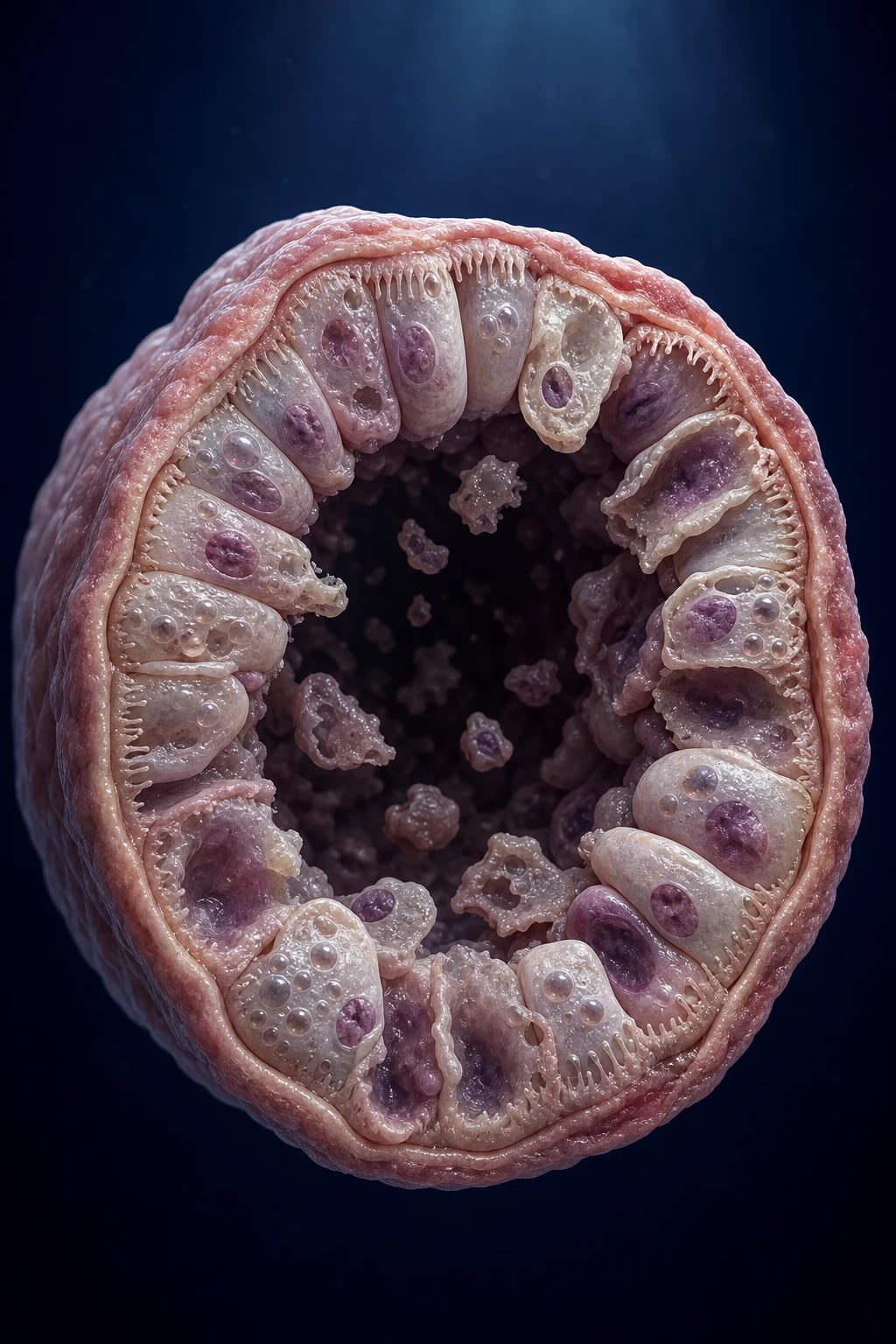 Cinematic 3D cross-section of a renal tubule with injured, sloughing epithelial cells, against a deep navy background