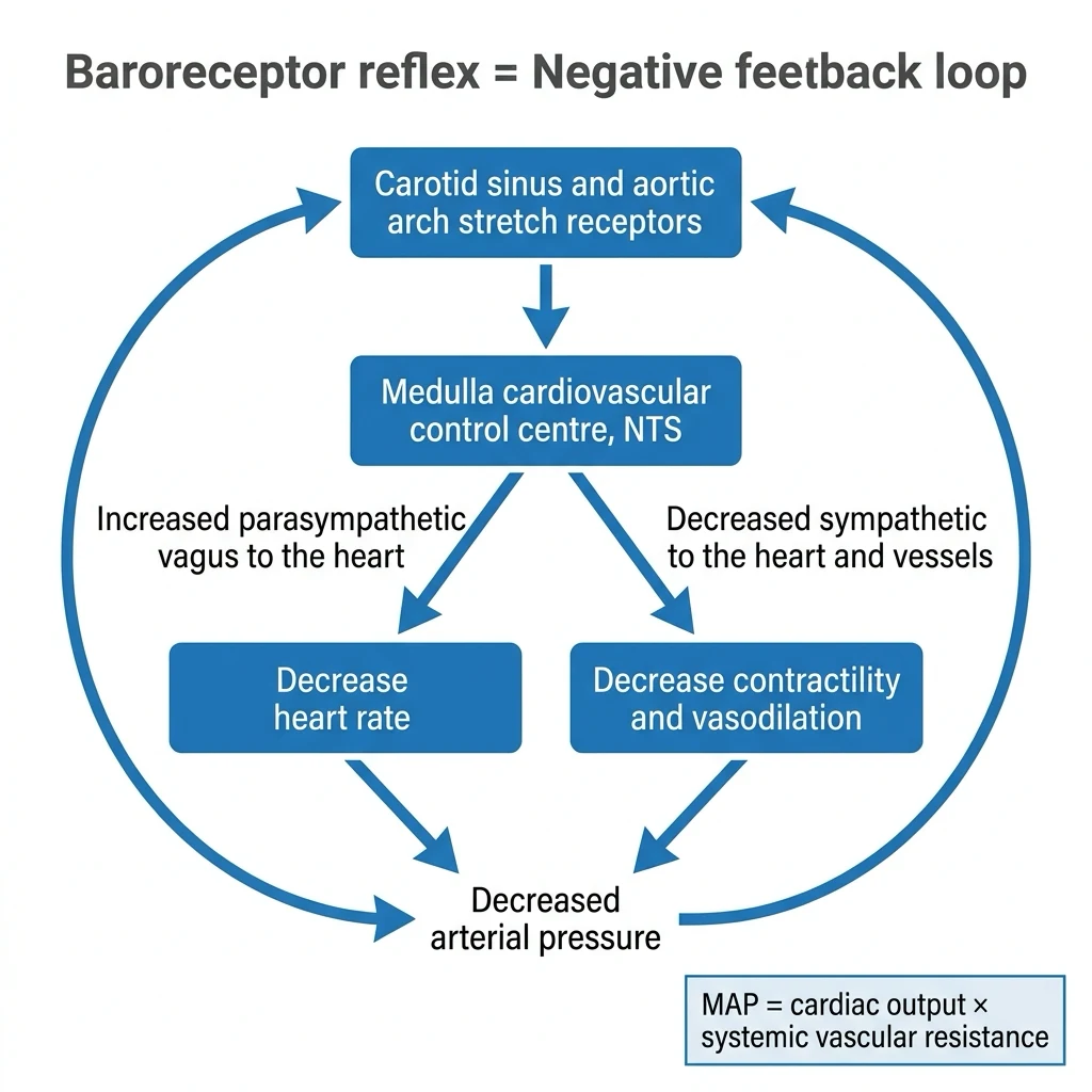 Baroreflex loop from carotid sinus and aortic arch to autonomic effectors
