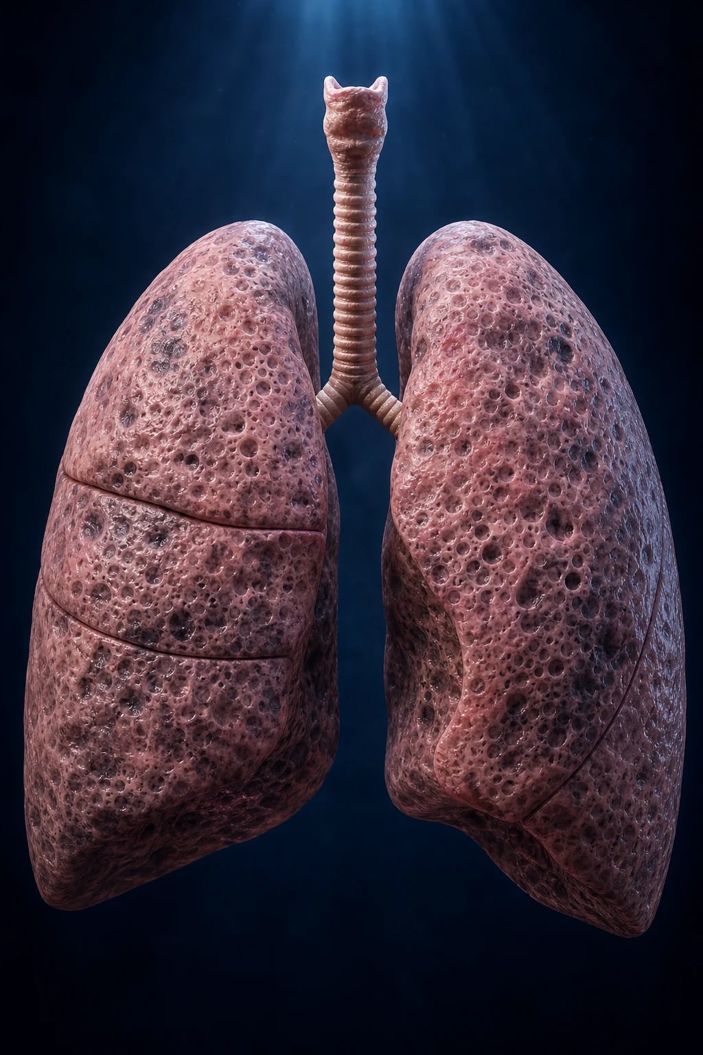 Cinematic 3D close-up of damaged lung tissue with destroyed alveolar walls (emphysema), inflamed mucus-filled small airways, trapped air and cigarette smoke particles, deep navy background