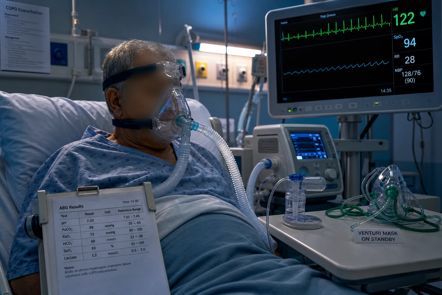 Cinematic ICU scene of a patient with an acute COPD exacerbation receiving bilevel non-invasive ventilation via a full-face mask, sitting upright at 45 degrees, a Venturi mask hanging on the standby hook, a nebuliser beside, a tachycardic and bradypnoeic monitor, an ABG result clip showing pH 7.26 PaCO2 78, clinical-blue lighting