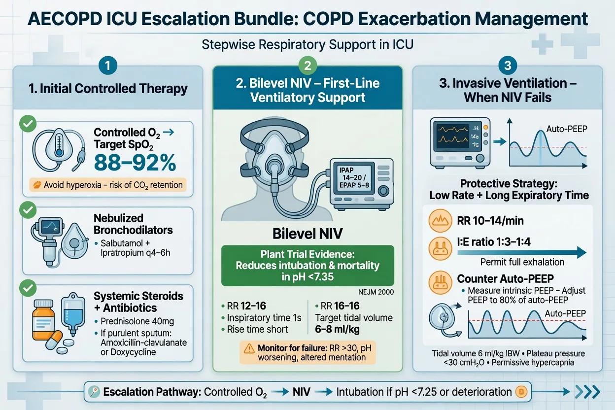 AECOPD ICU escalation bundle: controlled oxygen SpO2 88-92 percent, bronchodilators steroids antibiotics, bilevel NIV Plant trial, invasive ventilation with long expiratory time for auto-PEEP