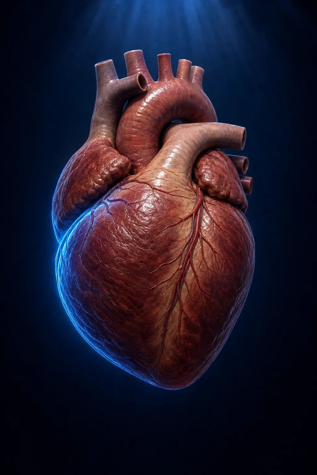 Cinematic 3D anatomical illustration of a whole heart with a thickened, hypertrophied, enlarged right ventricle, against a deep navy background