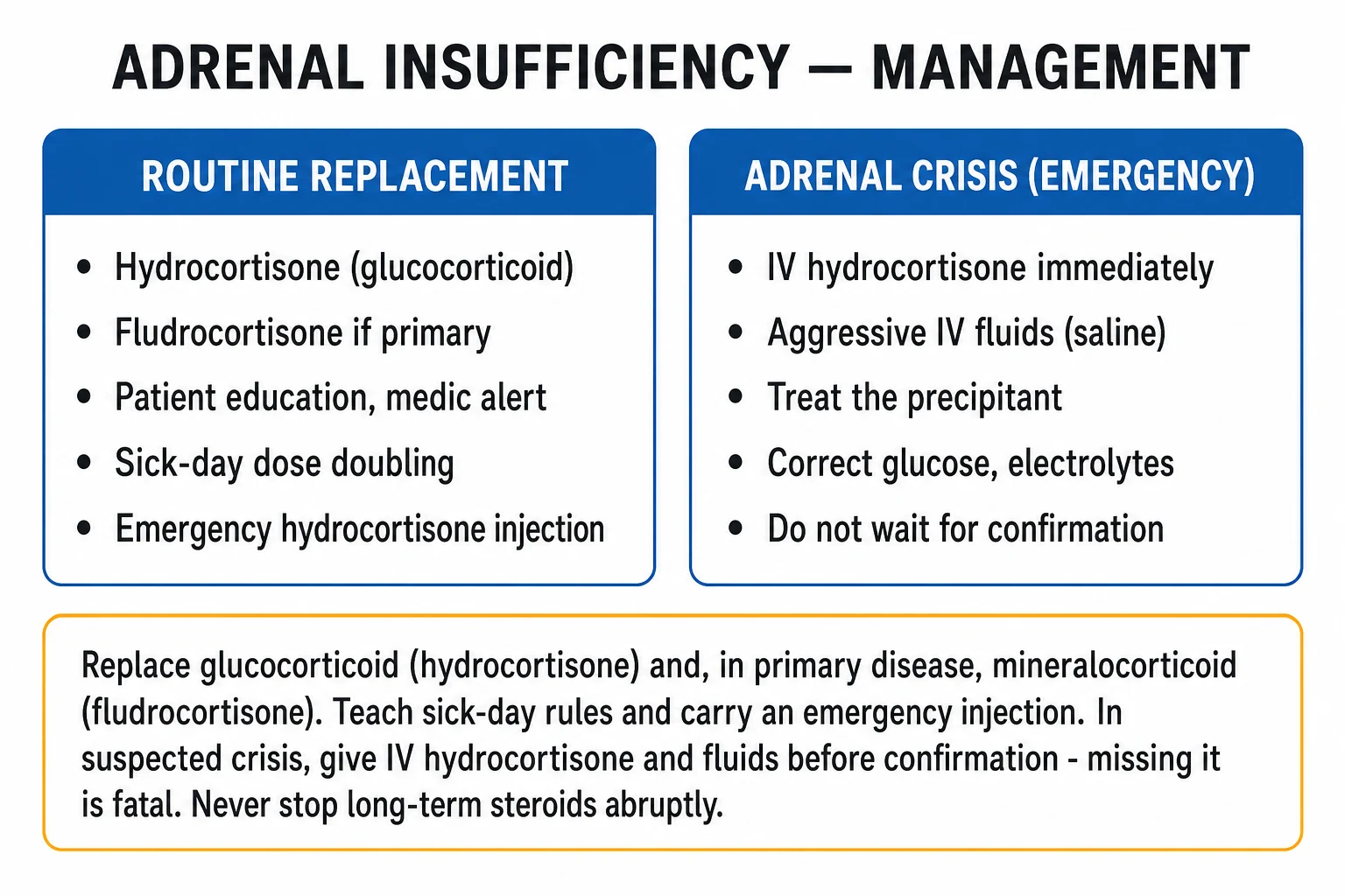 ICU steroid decision pathways: stress-dose hydrocortisone in refractory septic shock, ARDS regimens, adrenal crisis replacement, and weaning to avoid secondary adrenal insufficiency — clinical-blue management infographic