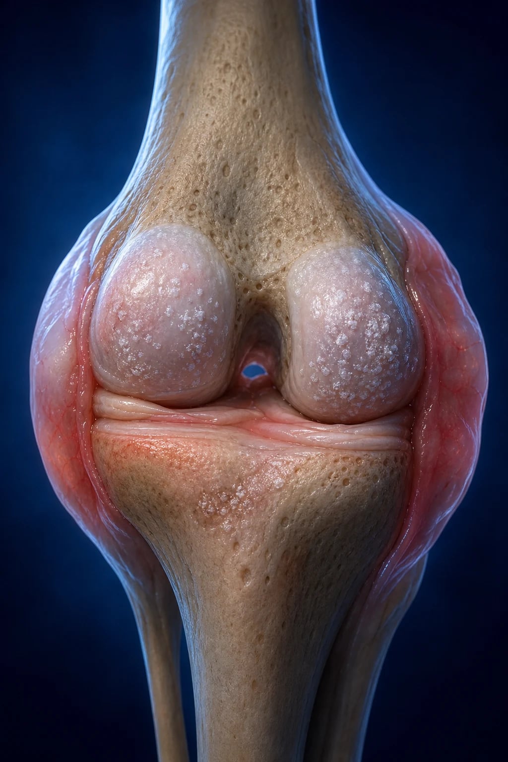 Cinematic close-up of a knee joint with chalky white calcium pyrophosphate crystal deposits flecking the cartilage (chondrocalcinosis) and an acutely swollen joint capsule, against a deep navy background