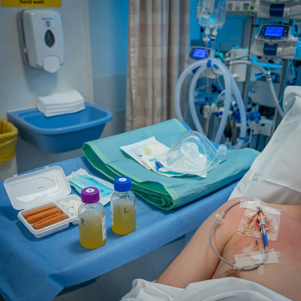 ICU scene showing a central venous catheter with surrounding erythema, paired blood-culture bottles (peripheral and line), a chlorhexidine prep tray, and a hand-hygiene station, clinical-blue lighting