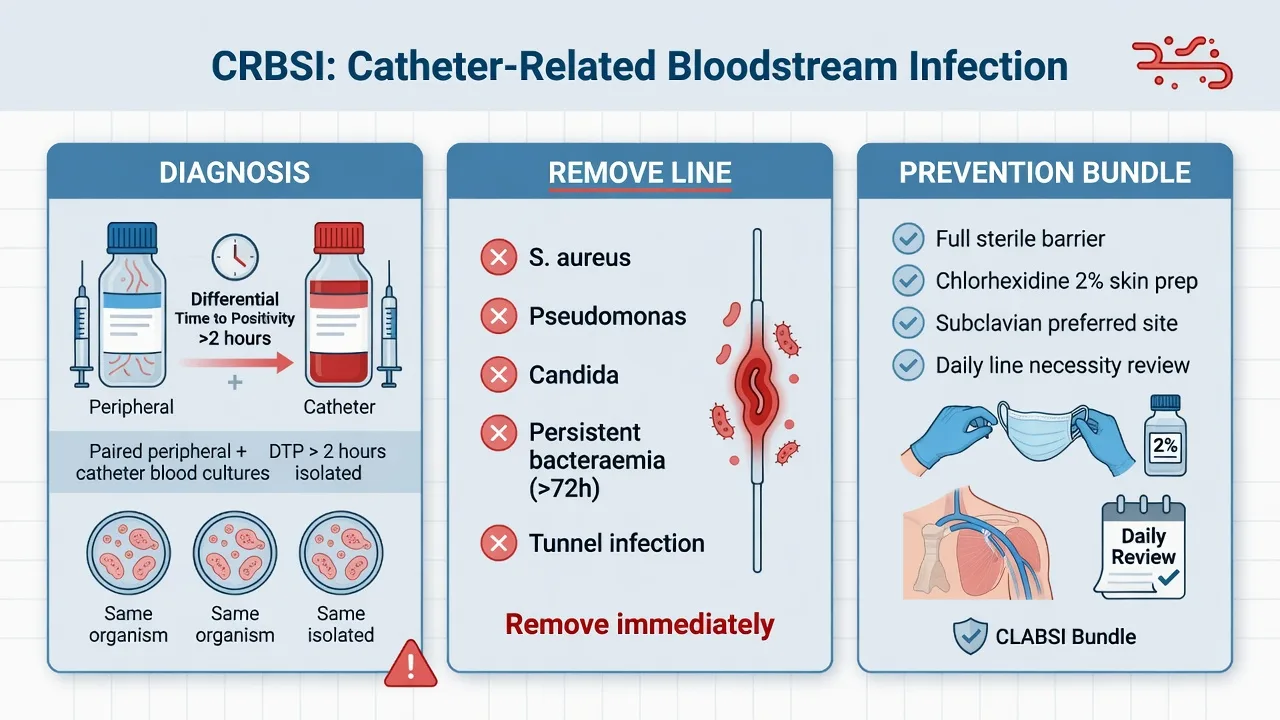 Three-panel infographic on CRBSI diagnosis with differential time to positivity, mandatory line-removal organisms, and the prevention bundle