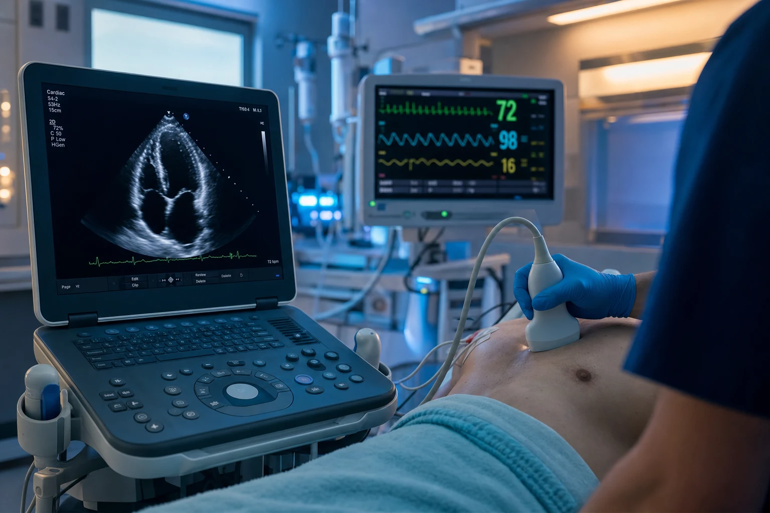 Cinematic ICU scene of a clinician performing a focused transthoracic echocardiogram at the bedside with a portable ultrasound machine showing a clear apical 4-chamber view, the probe on the patient's chest, a cardiac monitor, clinical-blue lighting