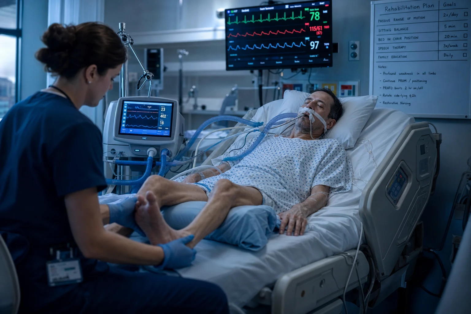 Cinematic ICU scene of a critically-ill patient who has failed to wean, a flaccid limb weakness and a muscle wasting of the hands and legs, the cranial nerves spared (the face normal), a ventilator at the bedside, a cardiac monitor, clinical-blue lighting, a rehabilitation chart